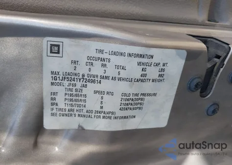 2000 Chevrolet Cavalier Ls z USA, uszkodzony, nr VIN 1G1JF5241Y7249614